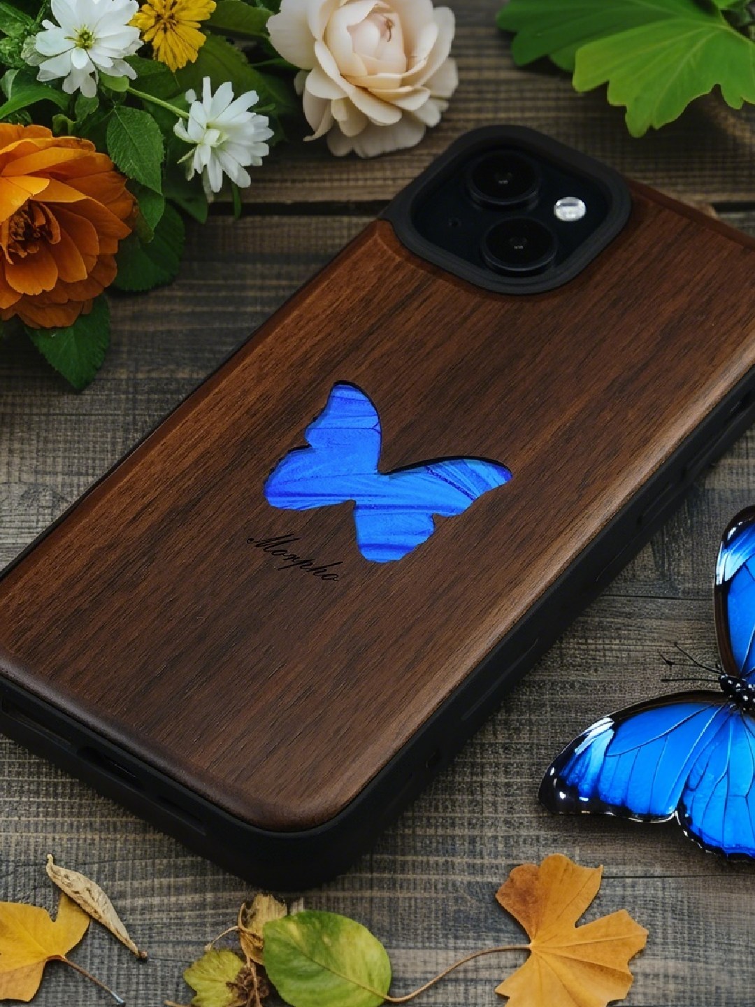 Real Specimen Blue Morpho Butterfly Wooden Phone Case – Nature’s Elegance