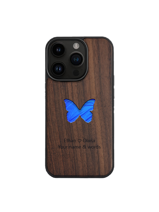 Real Specimen Blue Morpho Butterfly Wooden Phone Case – Nature’s Elegance