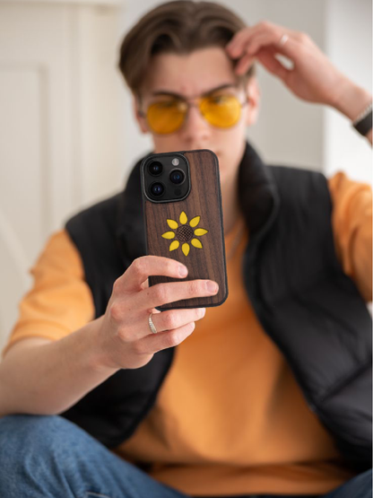 Real Sunflower Specimen Phone Case - Handmade Wood & Resin Floral Case for iPhone & Samsung