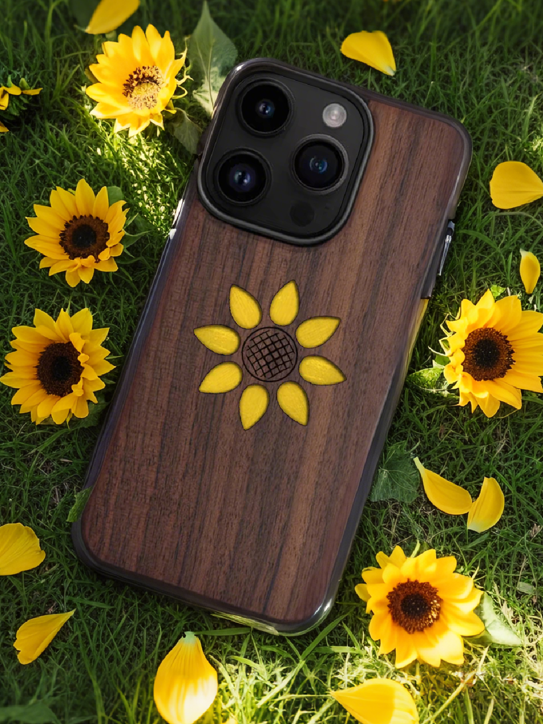 Real Sunflower Specimen Phone Case - Handmade Wood & Resin Floral Case for iPhone & Samsung