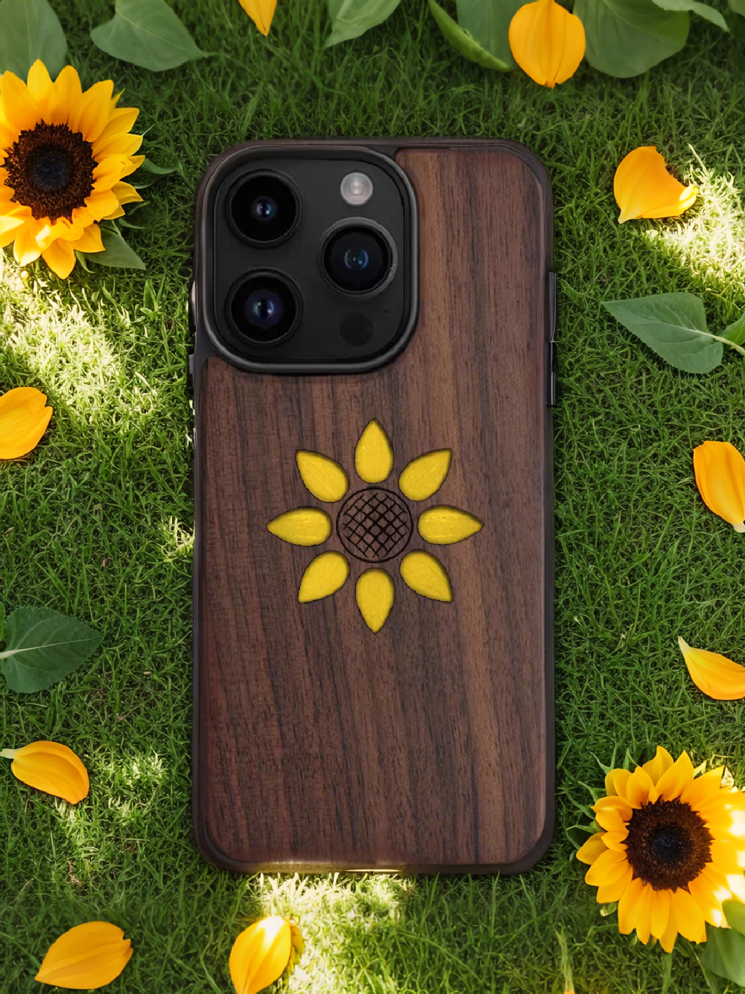 Real Sunflower Specimen Phone Case - Handmade Wood & Resin Floral Case for iPhone & Samsung